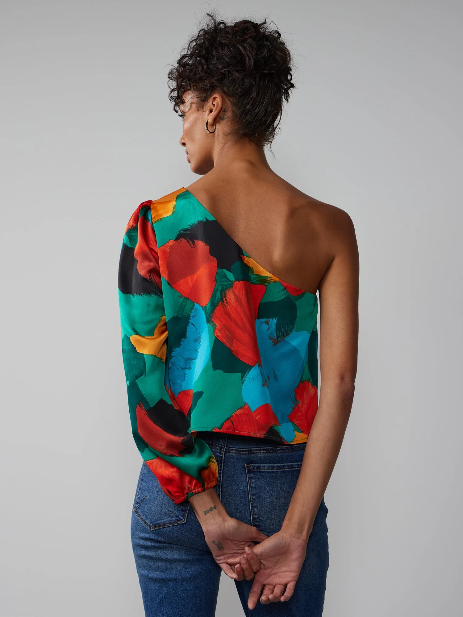 One-Shoulder Abstract Print Blouse
