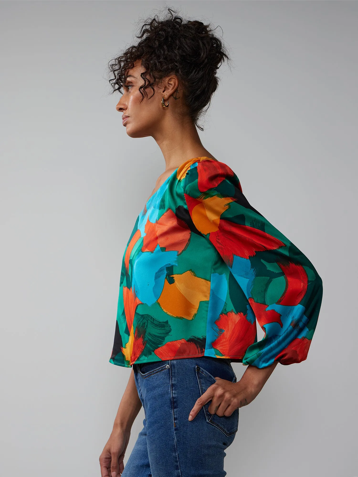 One-Shoulder Abstract Print Blouse