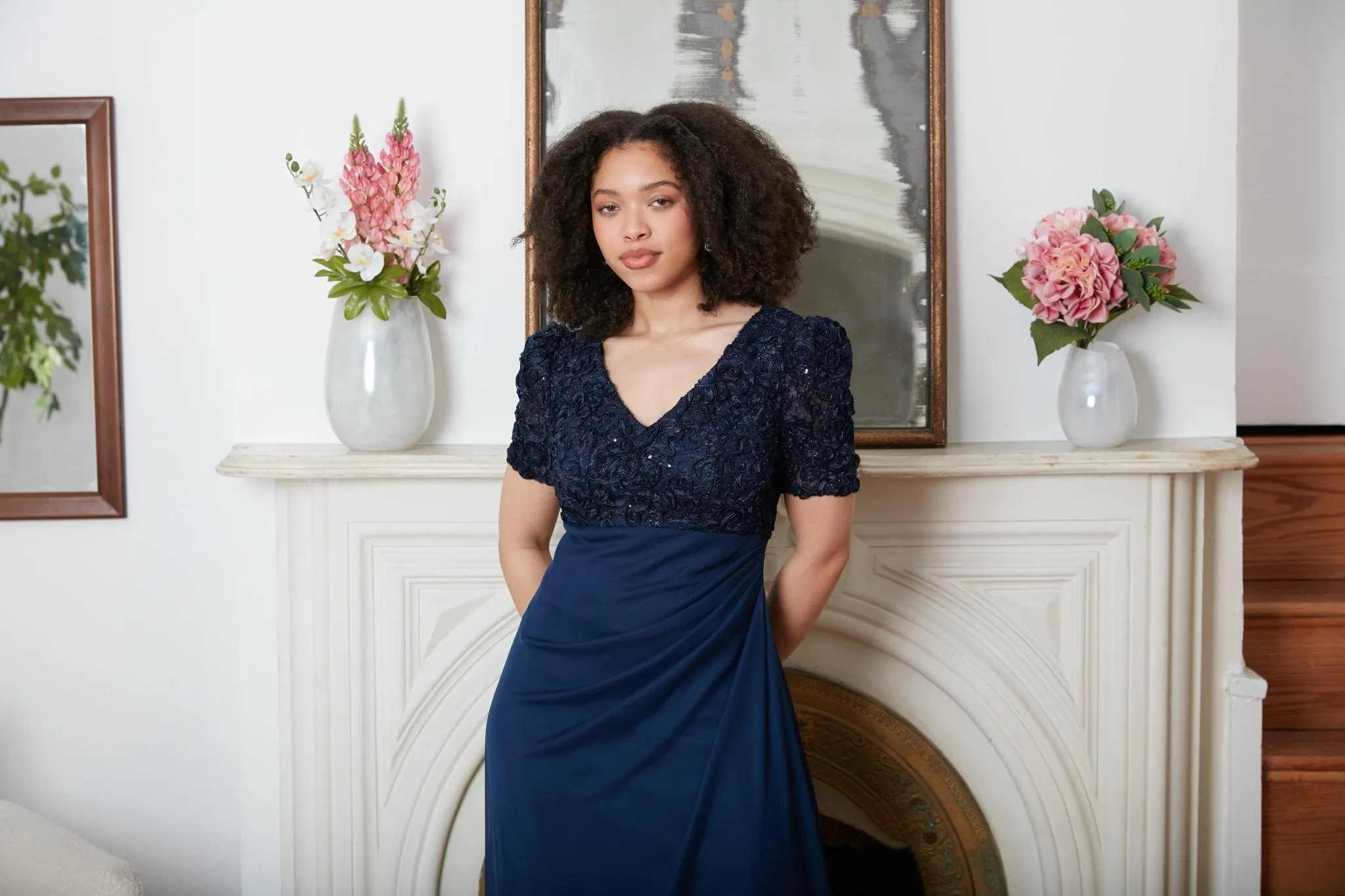 Petite Empire Waist Dress with Soutache Bodice, Puff Sleeve Detail & Cascade Ruffle Skirt