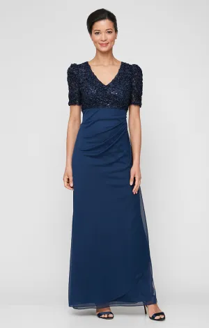 Petite Empire Waist Dress with Soutache Bodice, Puff Sleeve Detail & Cascade Ruffle Skirt
