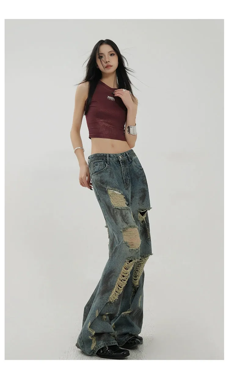 Retro Tie-Dye Distressed Wide-Leg Jeans With Washed Effect And Draping Fit