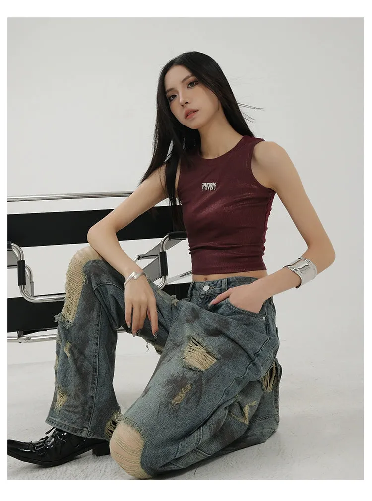 Retro Tie-Dye Distressed Wide-Leg Jeans With Washed Effect And Draping Fit