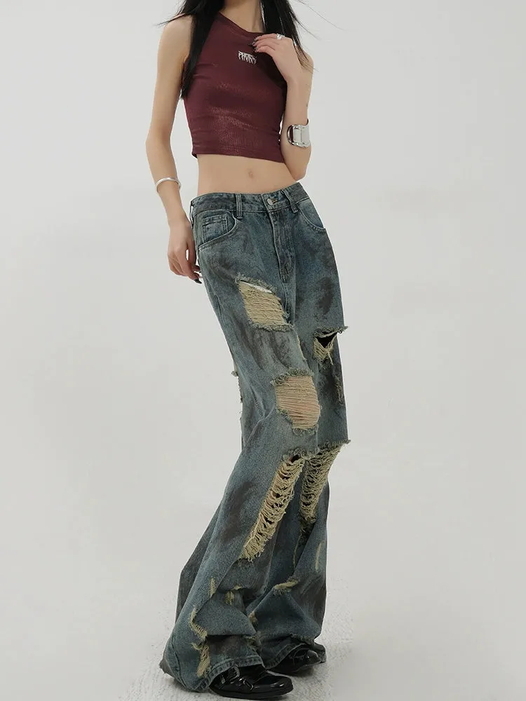 Retro Tie-Dye Distressed Wide-Leg Jeans With Washed Effect And Draping Fit