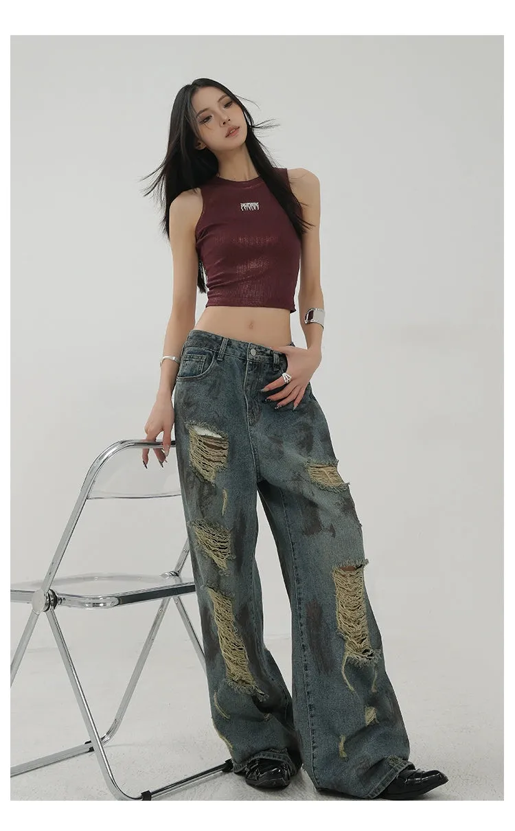 Retro Tie-Dye Distressed Wide-Leg Jeans With Washed Effect And Draping Fit