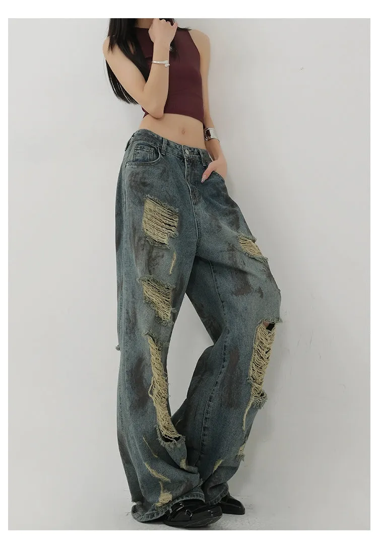 Retro Tie-Dye Distressed Wide-Leg Jeans With Washed Effect And Draping Fit