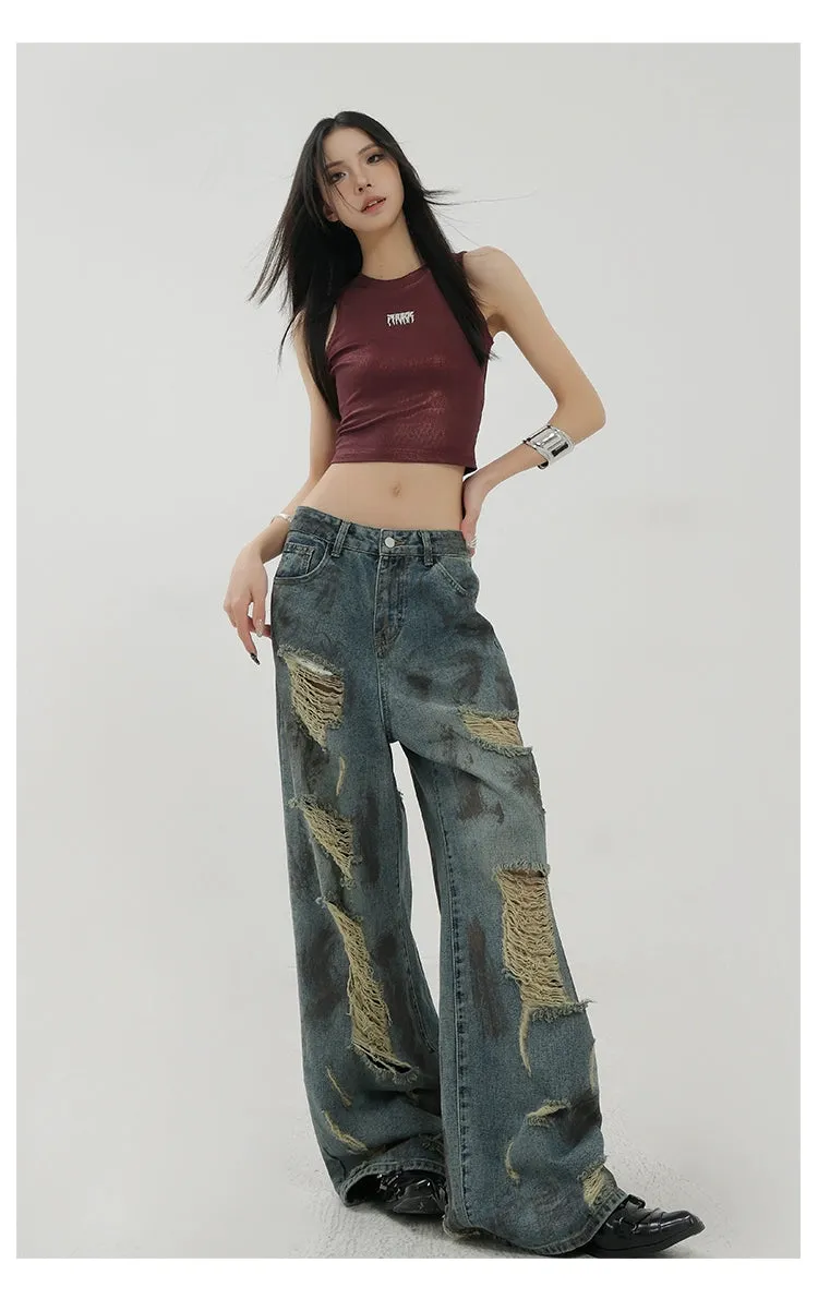 Retro Tie-Dye Distressed Wide-Leg Jeans With Washed Effect And Draping Fit