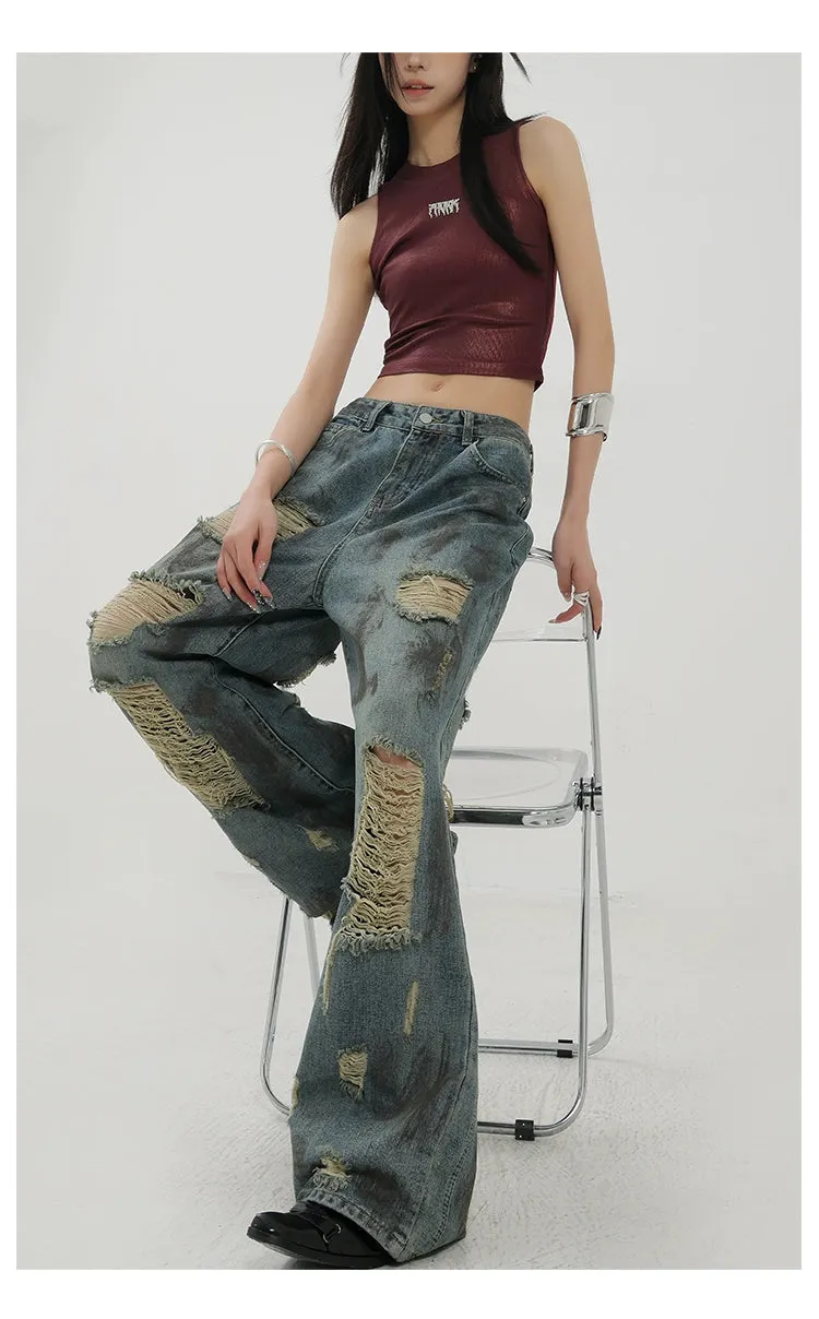 Retro Tie-Dye Distressed Wide-Leg Jeans With Washed Effect And Draping Fit