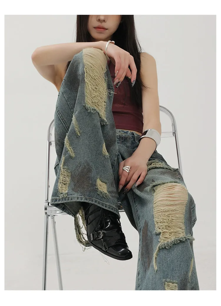 Retro Tie-Dye Distressed Wide-Leg Jeans With Washed Effect And Draping Fit