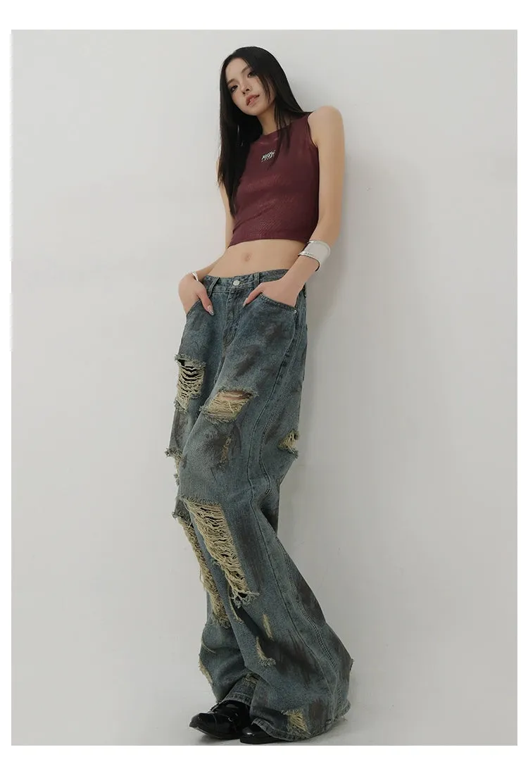 Retro Tie-Dye Distressed Wide-Leg Jeans With Washed Effect And Draping Fit