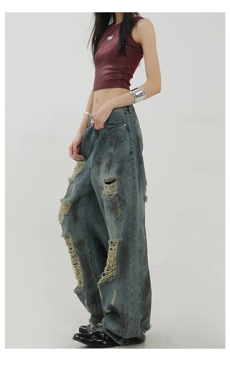 Retro Tie-Dye Distressed Wide-Leg Jeans With Washed Effect And Draping Fit