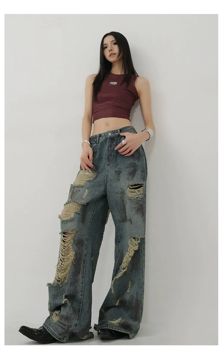 Retro Tie-Dye Distressed Wide-Leg Jeans With Washed Effect And Draping Fit