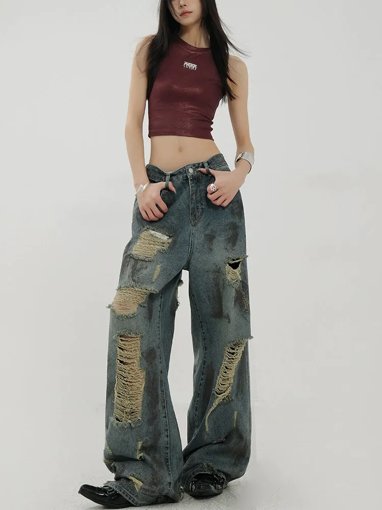 Retro Tie-Dye Distressed Wide-Leg Jeans With Washed Effect And Draping Fit