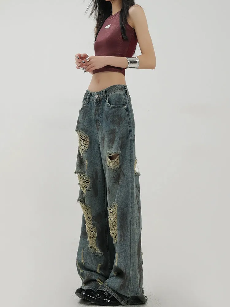 Retro Tie-Dye Distressed Wide-Leg Jeans With Washed Effect And Draping Fit