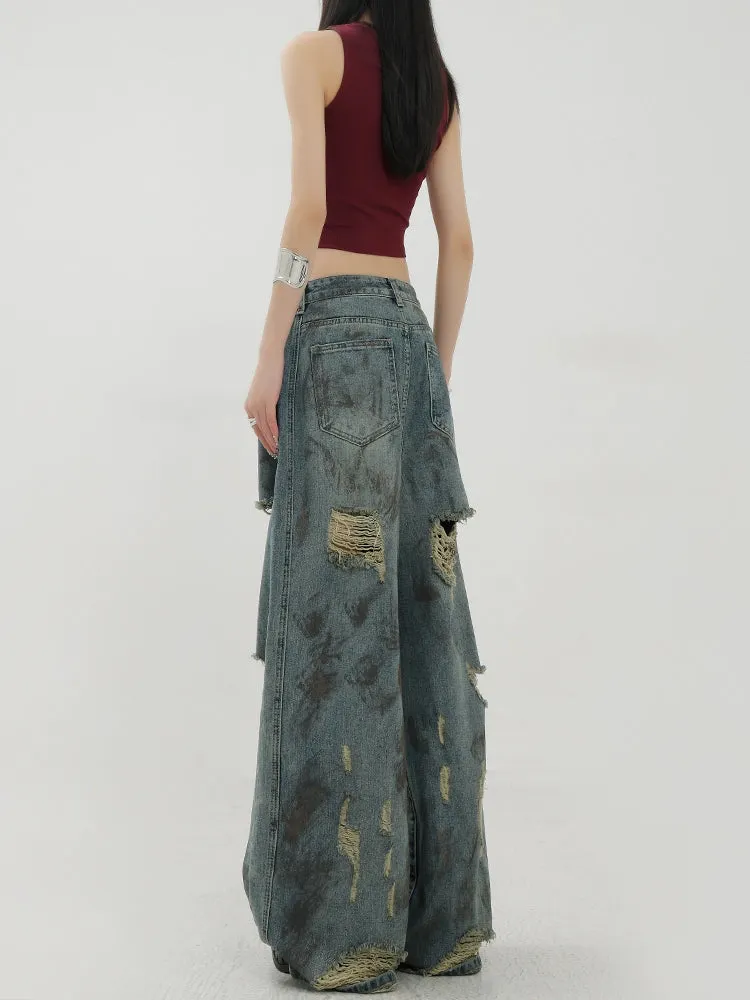 Retro Tie-Dye Distressed Wide-Leg Jeans With Washed Effect And Draping Fit