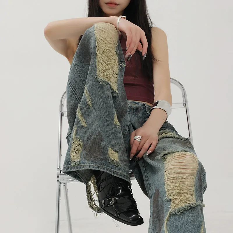 Retro Tie-Dye Distressed Wide-Leg Jeans With Washed Effect And Draping Fit