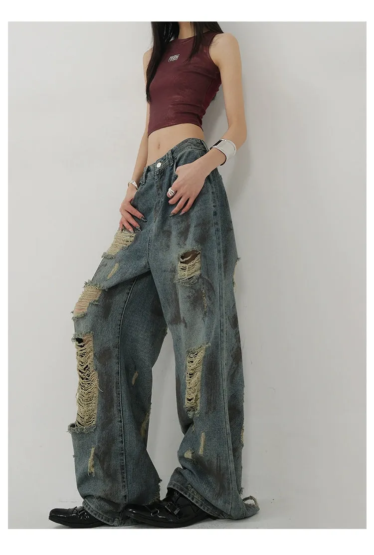 Retro Tie-Dye Distressed Wide-Leg Jeans With Washed Effect And Draping Fit