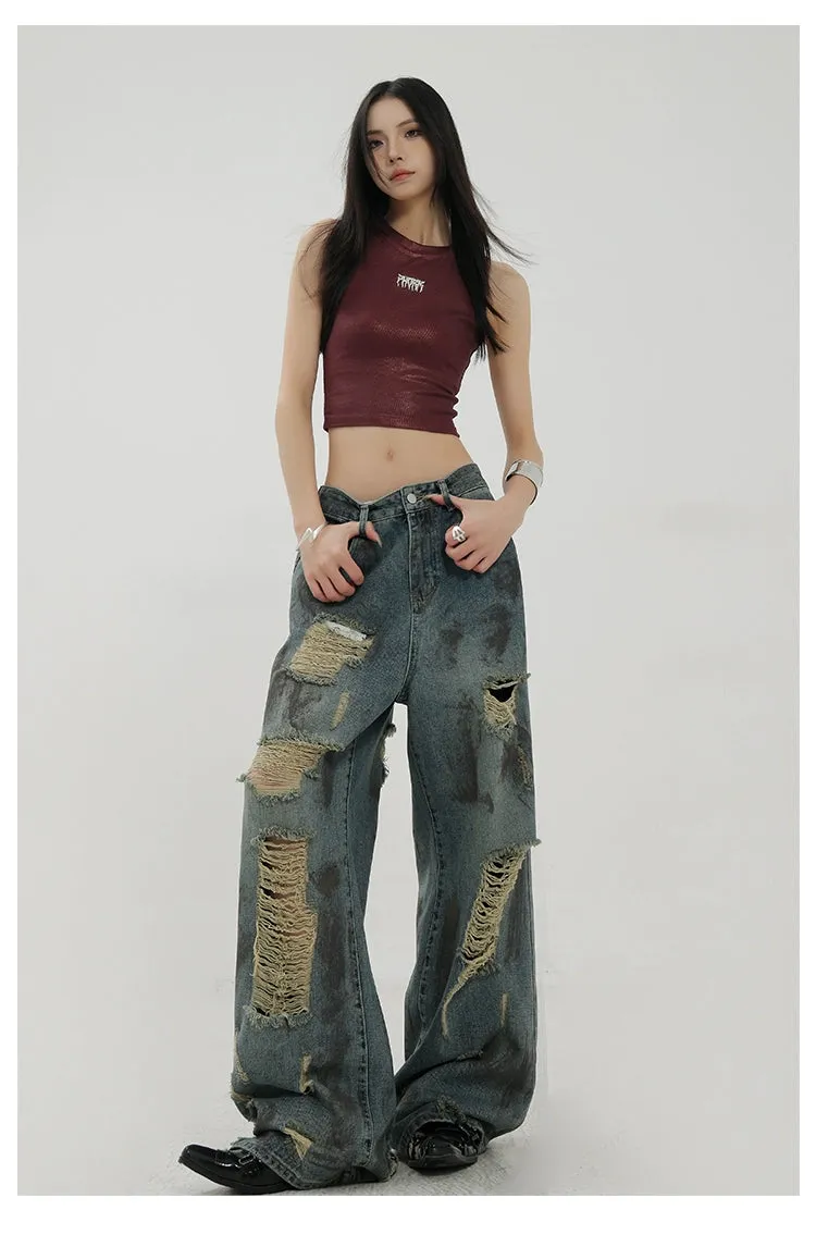 Retro Tie-Dye Distressed Wide-Leg Jeans With Washed Effect And Draping Fit