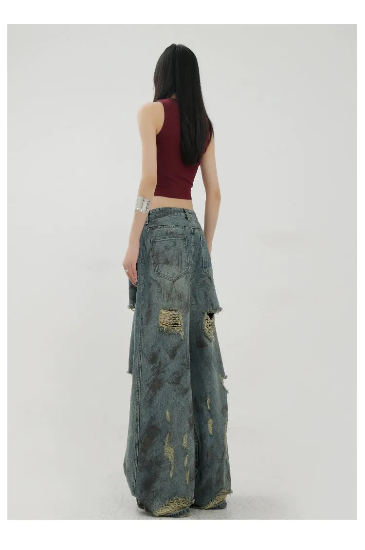 Retro Tie-Dye Distressed Wide-Leg Jeans With Washed Effect And Draping Fit