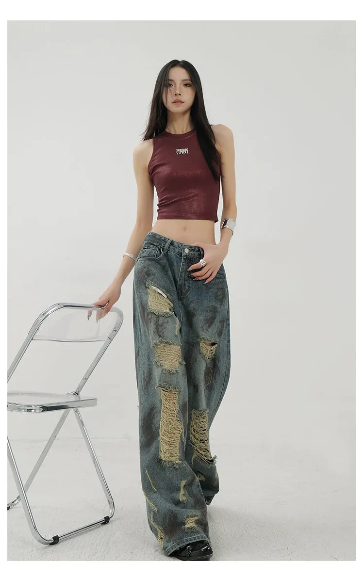 Retro Tie-Dye Distressed Wide-Leg Jeans With Washed Effect And Draping Fit