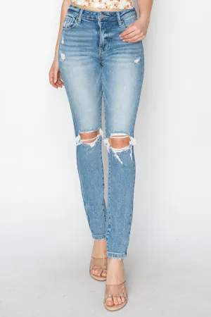 Risen High Rise Knee Distressed Skinny Blue Wash Denim Jeans