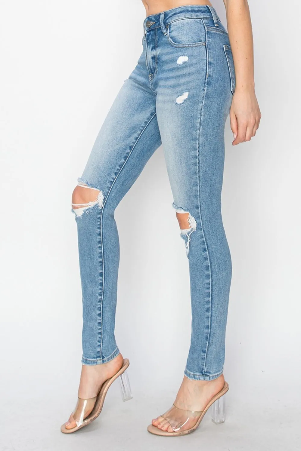 Risen High Rise Knee Distressed Skinny Blue Wash Denim Jeans