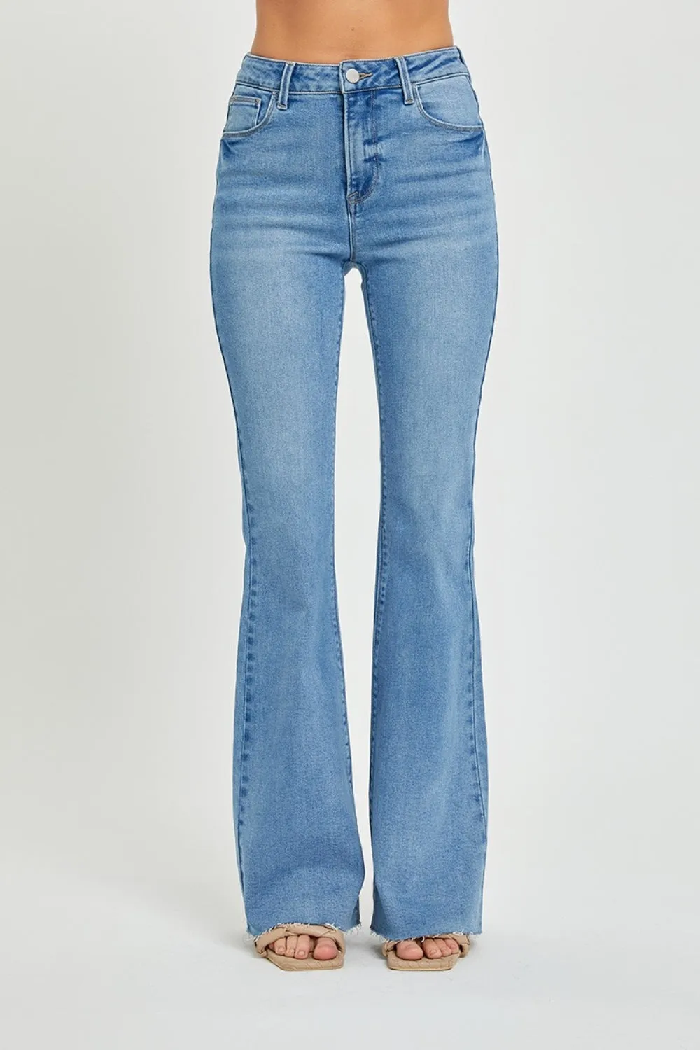 Risen High Rise Raw Hem Bootcut Jeans