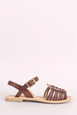 Soda Woven Tribal Peep Toe Ankle Strap Flat Sandal