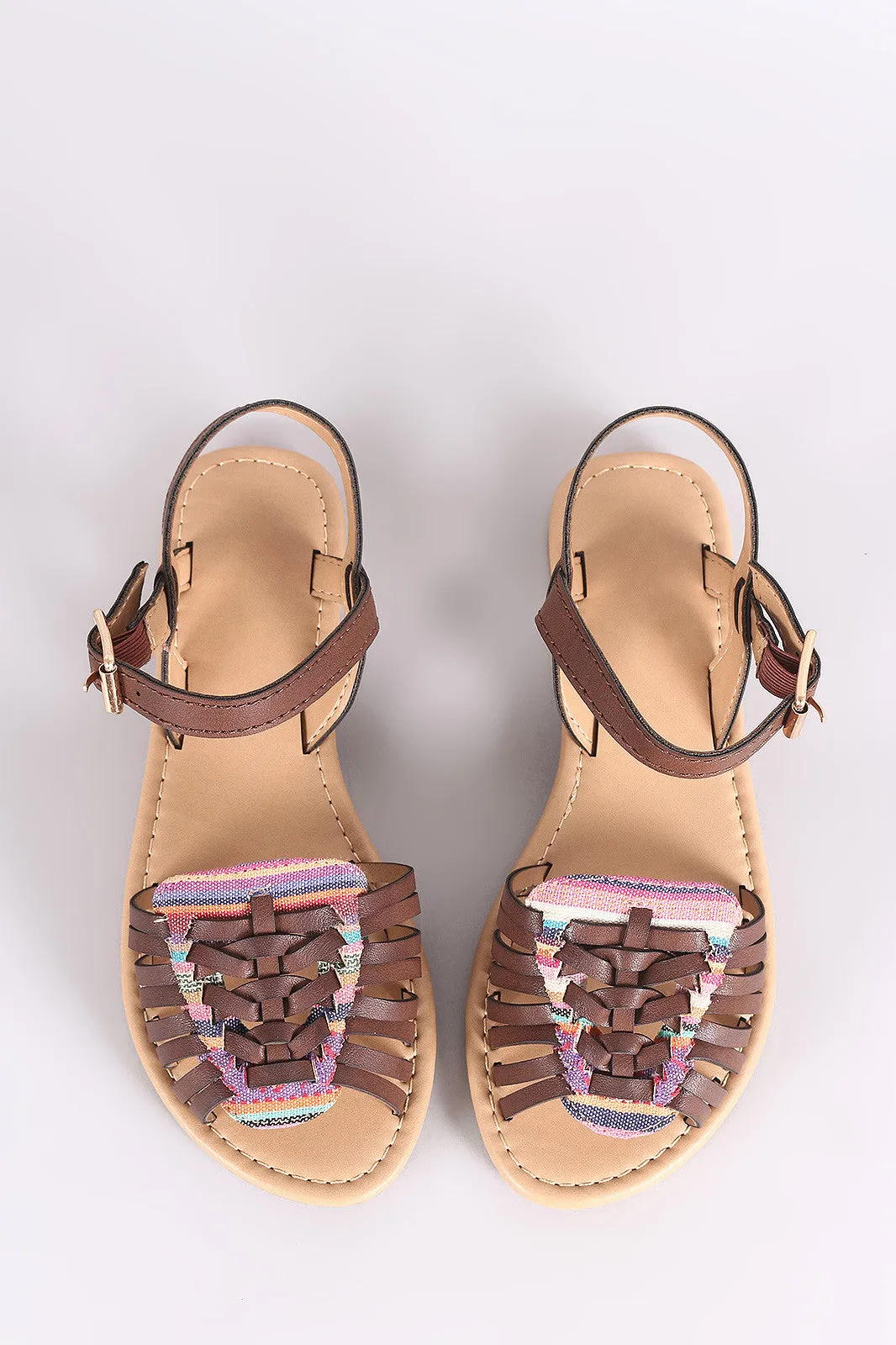 Soda Woven Tribal Peep Toe Ankle Strap Flat Sandal