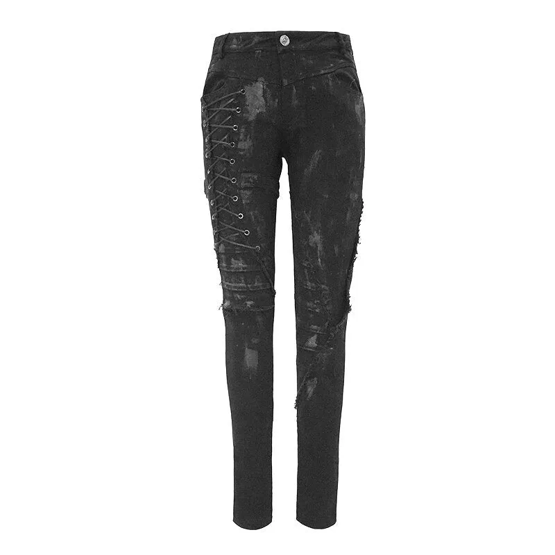Unique Womens SteamPunk Mottled Jeans Streetwear / Skinny Black Denim Trousers