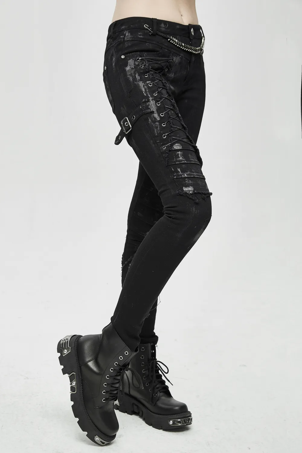 Unique Womens SteamPunk Mottled Jeans Streetwear / Skinny Black Denim Trousers