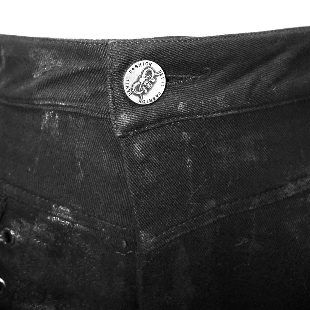 Unique Womens SteamPunk Mottled Jeans Streetwear / Skinny Black Denim Trousers