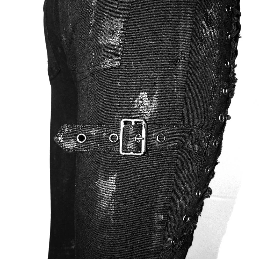 Unique Womens SteamPunk Mottled Jeans Streetwear / Skinny Black Denim Trousers