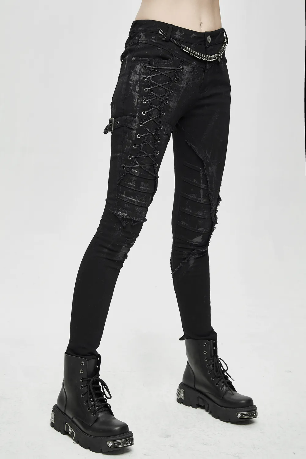 Unique Womens SteamPunk Mottled Jeans Streetwear / Skinny Black Denim Trousers