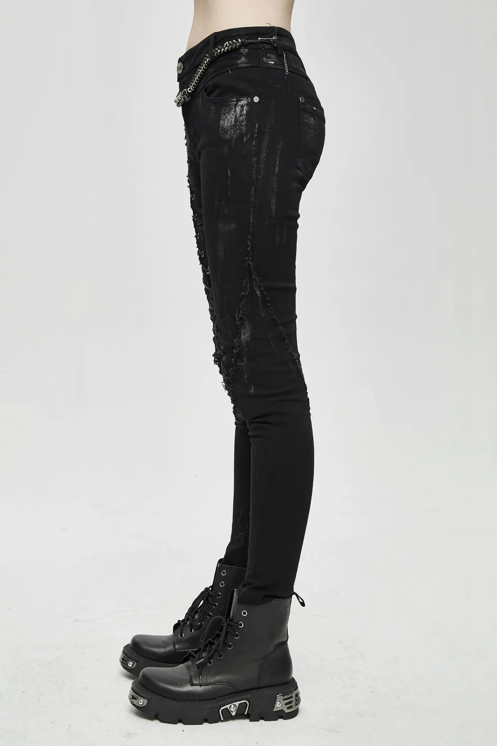 Unique Womens SteamPunk Mottled Jeans Streetwear / Skinny Black Denim Trousers