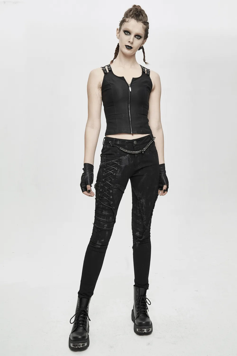 Unique Womens SteamPunk Mottled Jeans Streetwear / Skinny Black Denim Trousers