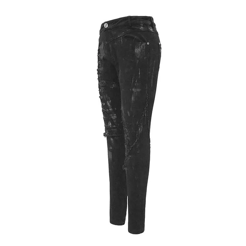 Unique Womens SteamPunk Mottled Jeans Streetwear / Skinny Black Denim Trousers