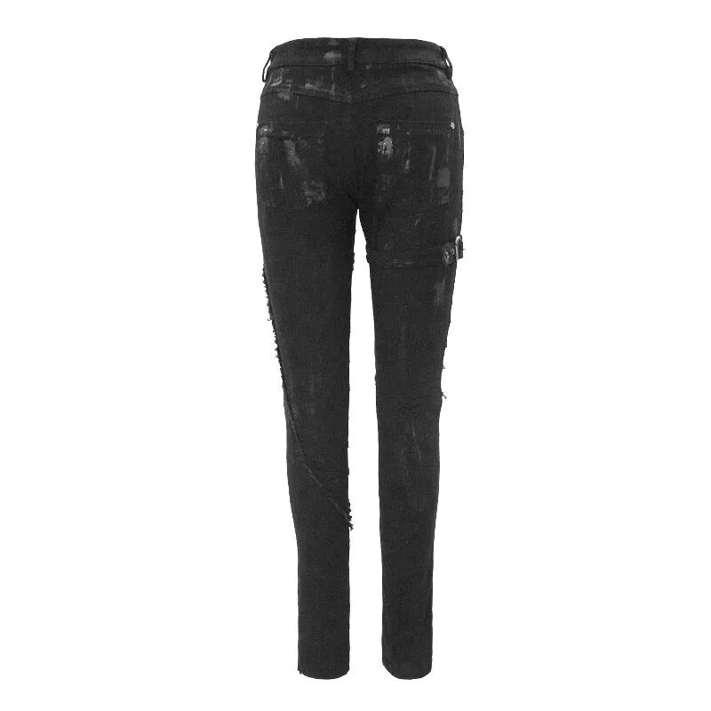 Unique Womens SteamPunk Mottled Jeans Streetwear / Skinny Black Denim Trousers