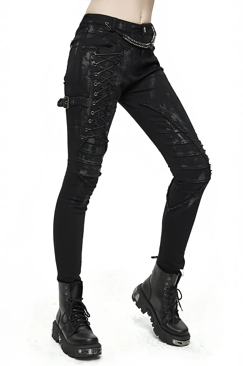 Unique Womens SteamPunk Mottled Jeans Streetwear / Skinny Black Denim Trousers