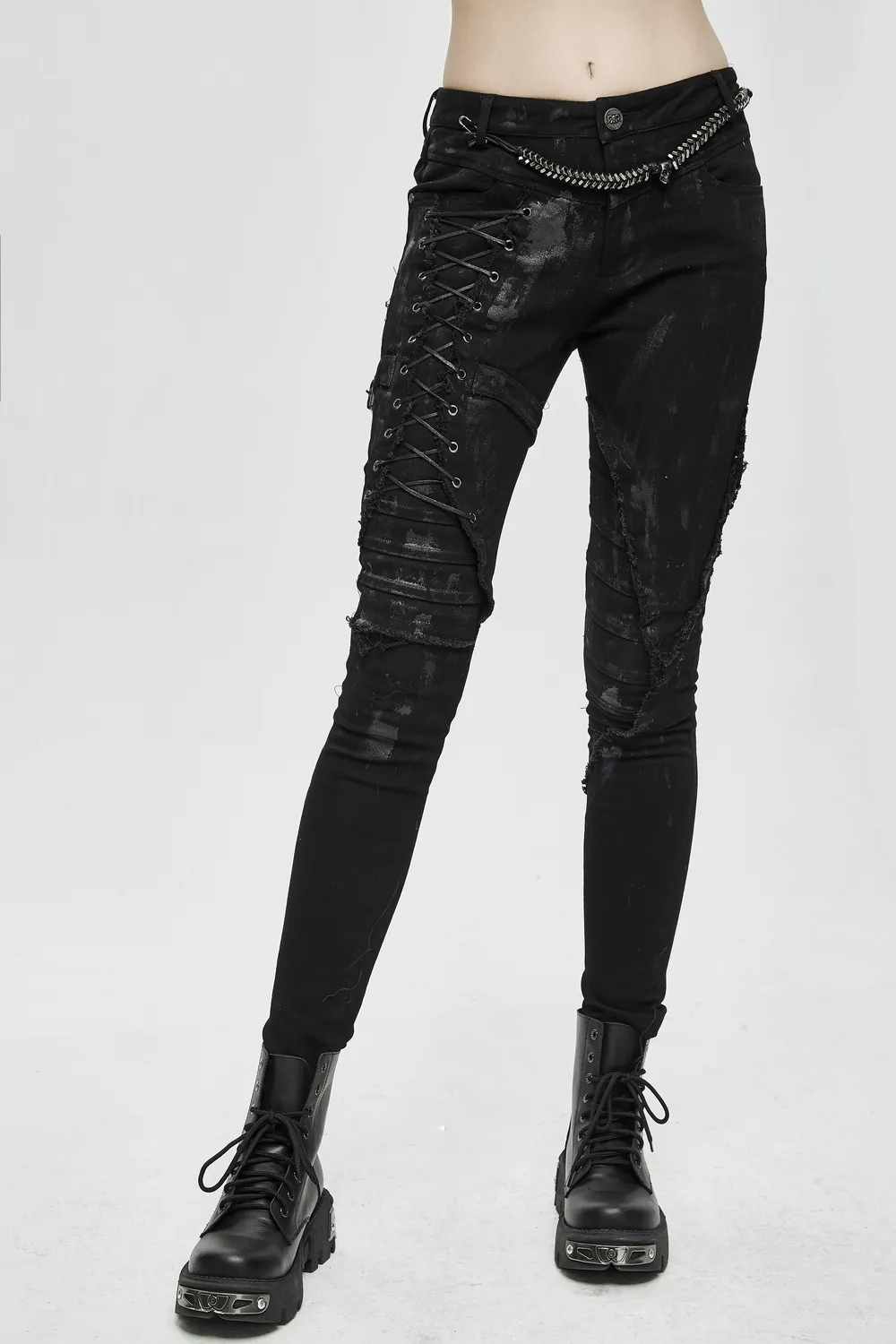 Unique Womens SteamPunk Mottled Jeans Streetwear / Skinny Black Denim Trousers