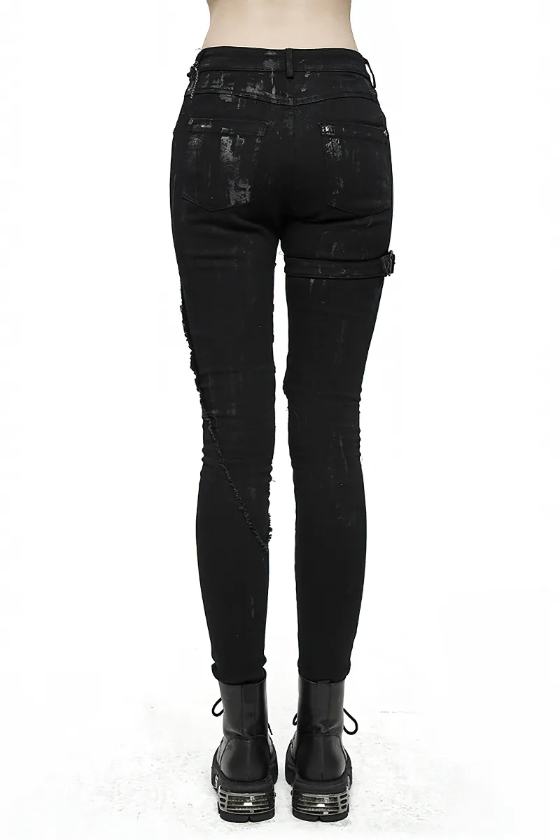 Unique Womens SteamPunk Mottled Jeans Streetwear / Skinny Black Denim Trousers