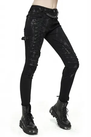 Unique Womens SteamPunk Mottled Jeans Streetwear / Skinny Black Denim Trousers