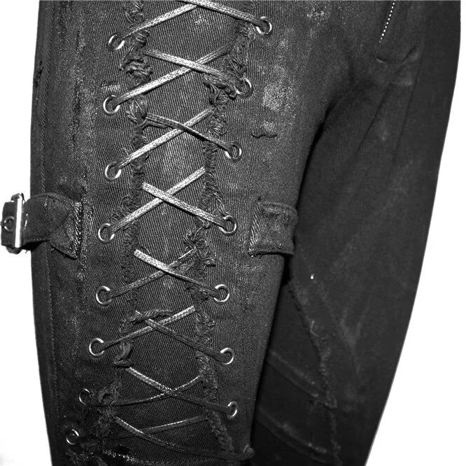 Unique Womens SteamPunk Mottled Jeans Streetwear / Skinny Black Denim Trousers