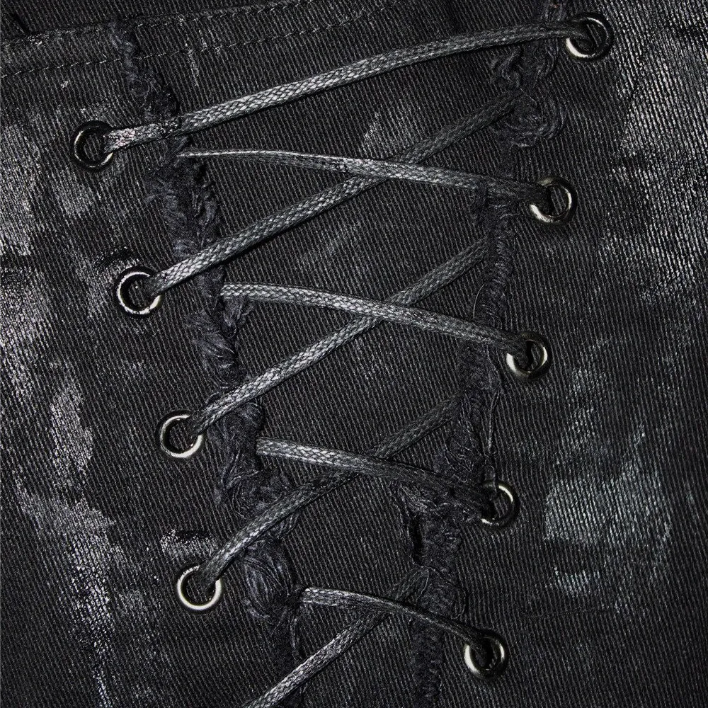 Unique Womens SteamPunk Mottled Jeans Streetwear / Skinny Black Denim Trousers