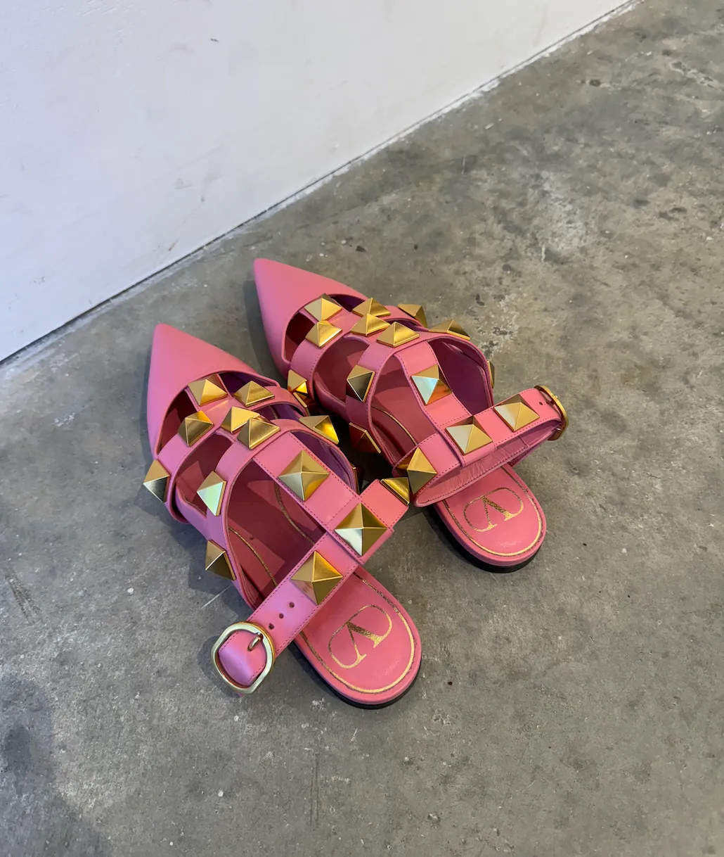 Valentino Pink And Gold Roam Stud Ankle Strap Sandals