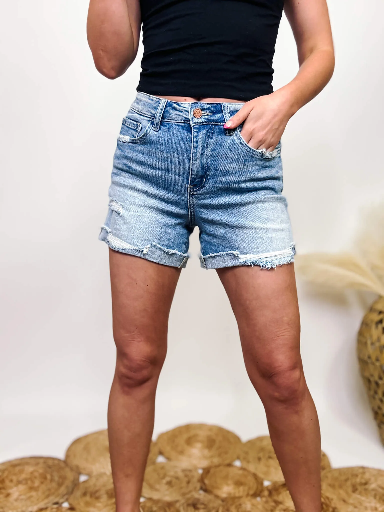 Vervet by Flying Monkey Cuffed Comfort Stretch Distressed Denim Shorts