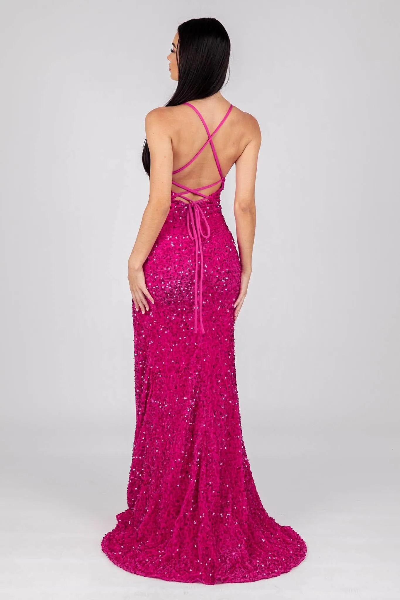 Zelda Side Slit Velvet Sequin Gown - Fuchsia