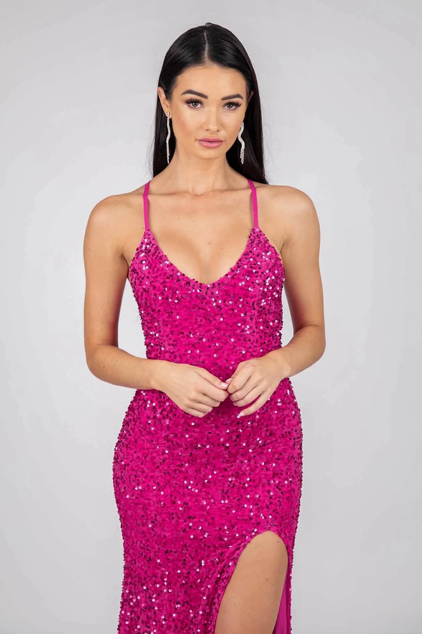 Zelda Side Slit Velvet Sequin Gown - Fuchsia